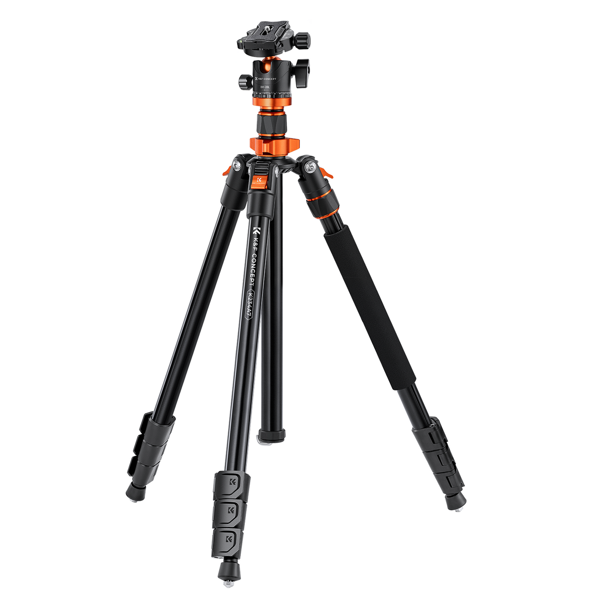 Photo tripod with three legs, orange head collar, and center column extended