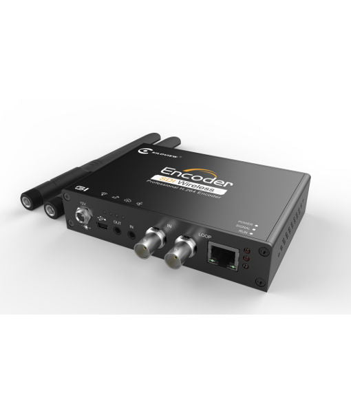 Wireless encoder unit angled view, two antennas, HDMI/SDI port labels and LAN jack
