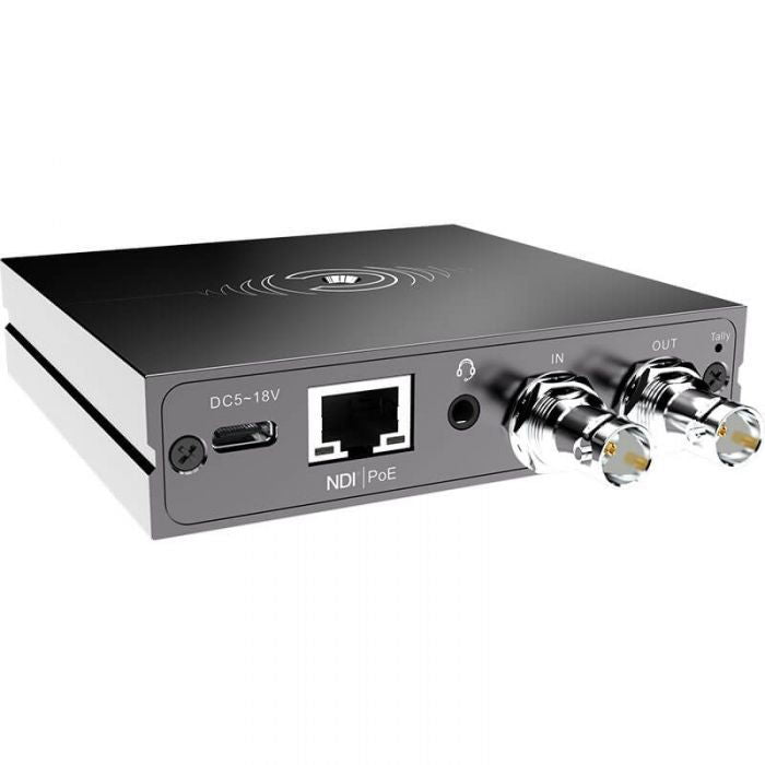 N30 converter, RJ45 NDI PoE port and two coax connectors labeled IN and OUT