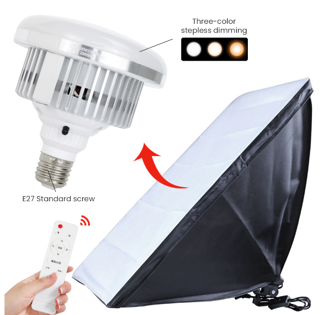 Bec LED E27 cu telecomandă și softbox alb-negru pe suport, iluminare în 3 culori
