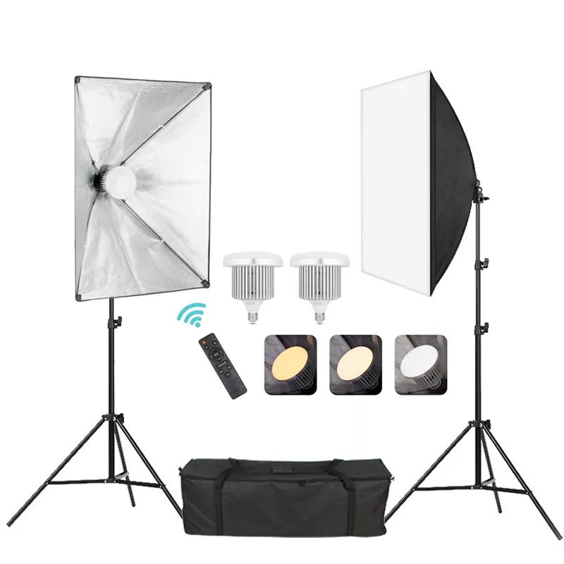 Set kit foto-video cu 2 lumini LED pe stative, două softboxuri, telecomandă și husă
