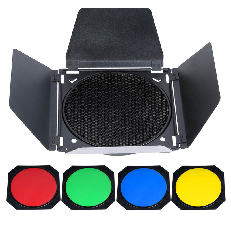 Studio light with front grid and black barndoors, plus four colored gel filters