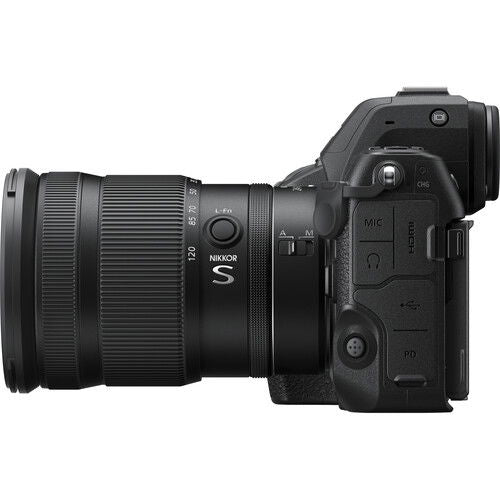 Nikon Z8 with 24-120mm f/4 S lens from rear-left angle, ports and controls visible
