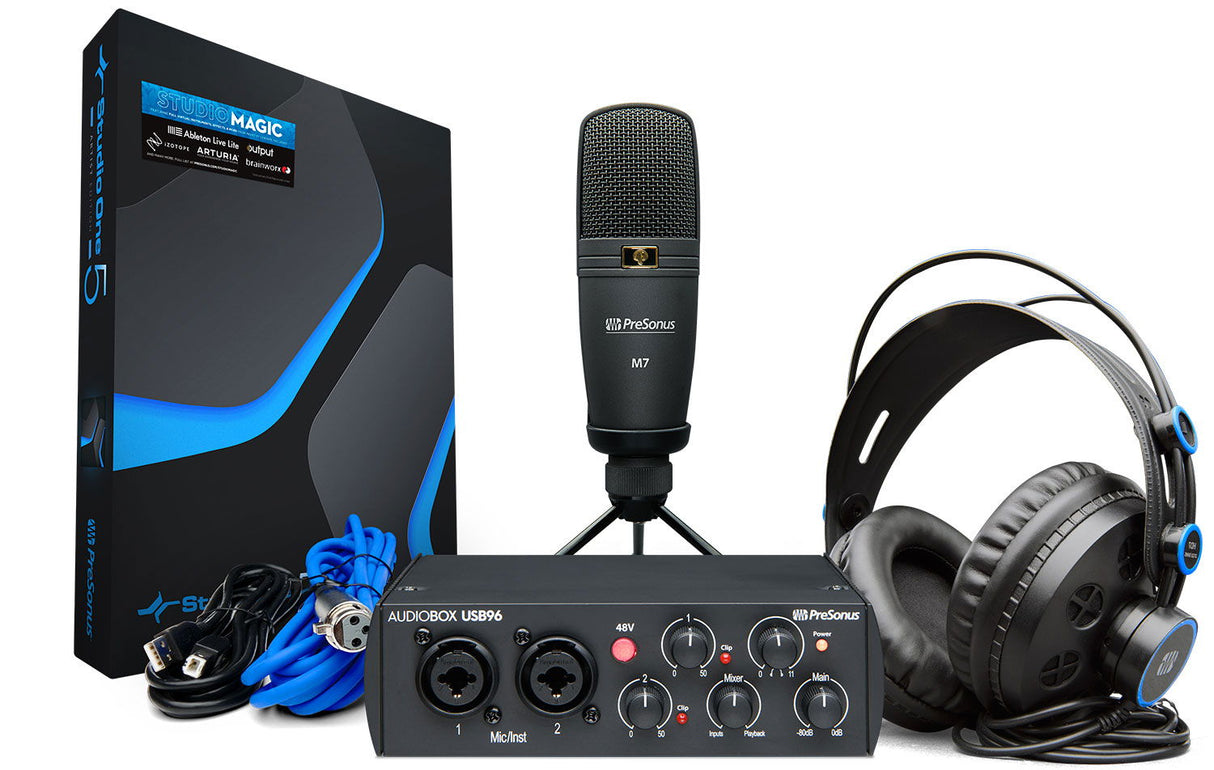 AudioBox USB96 interface, studio condenser mic, headphones, blue cables and box