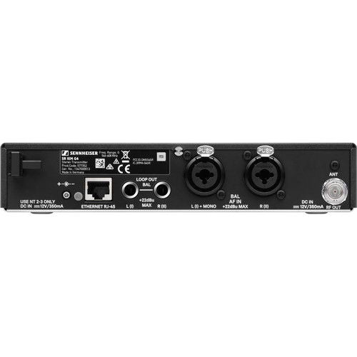 Receptor wireless IEM vedere spate cu mufe, loop out, BAL și alimentare DC