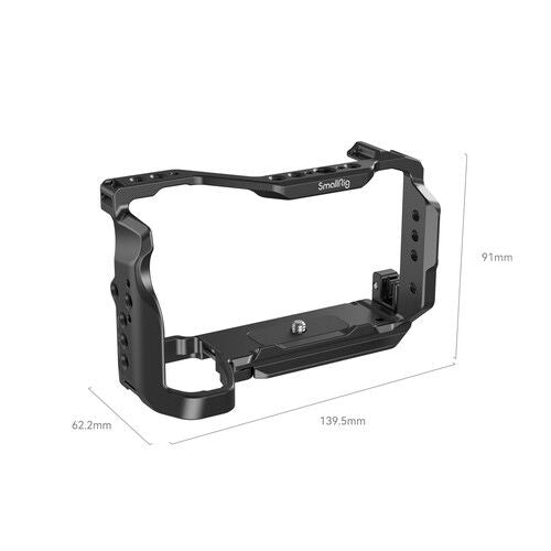 Black camera cage frame with open center and side mounting holes
