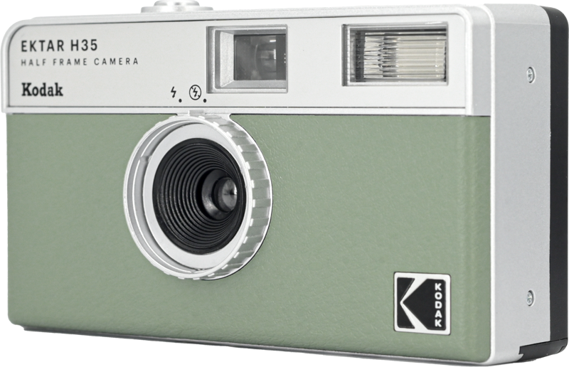 Front view of green half-frame camera with large circular lens and top windows