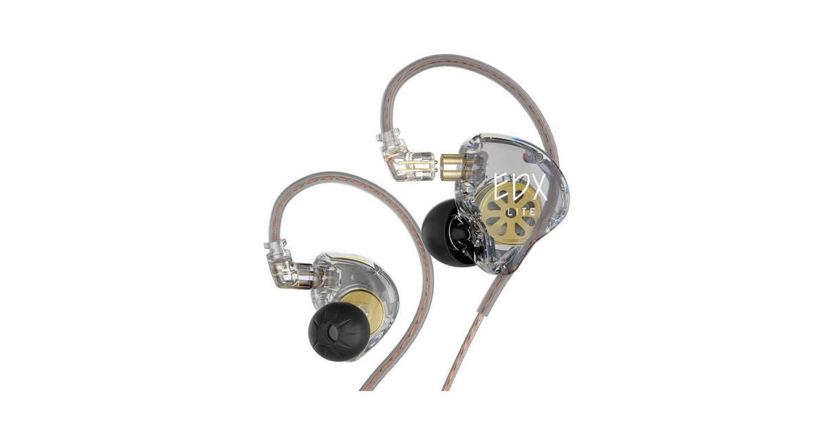 Clear in-ear monitor earbuds with gold-accent faceplates and black tips