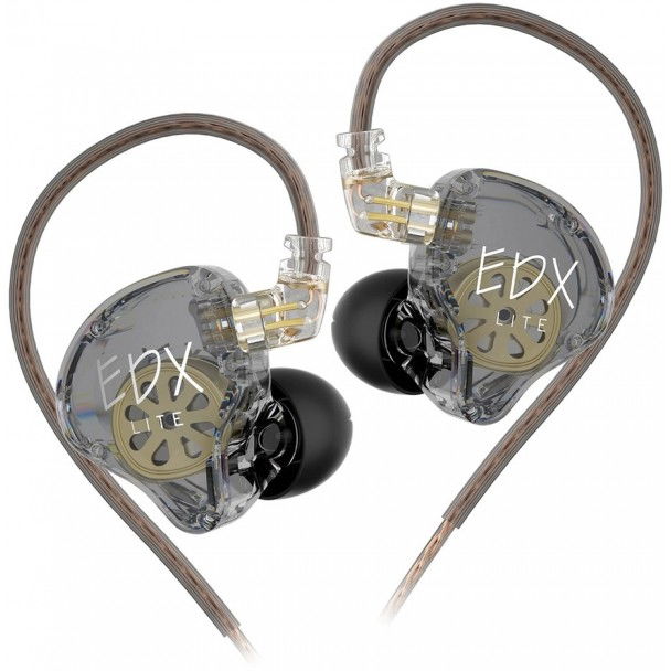 In-ear earbuds with clear shell and black silicone tips, KZ EDX Lite pair