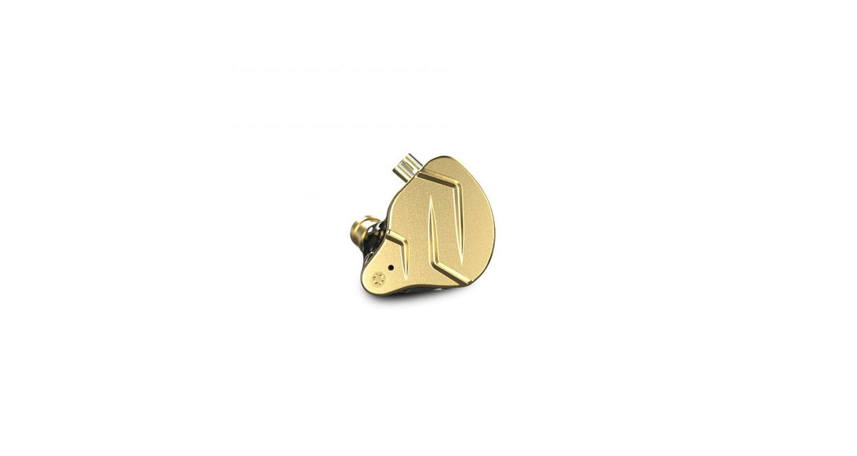 Gold in-ear earbud close-up with metal nozzle and black cable connector