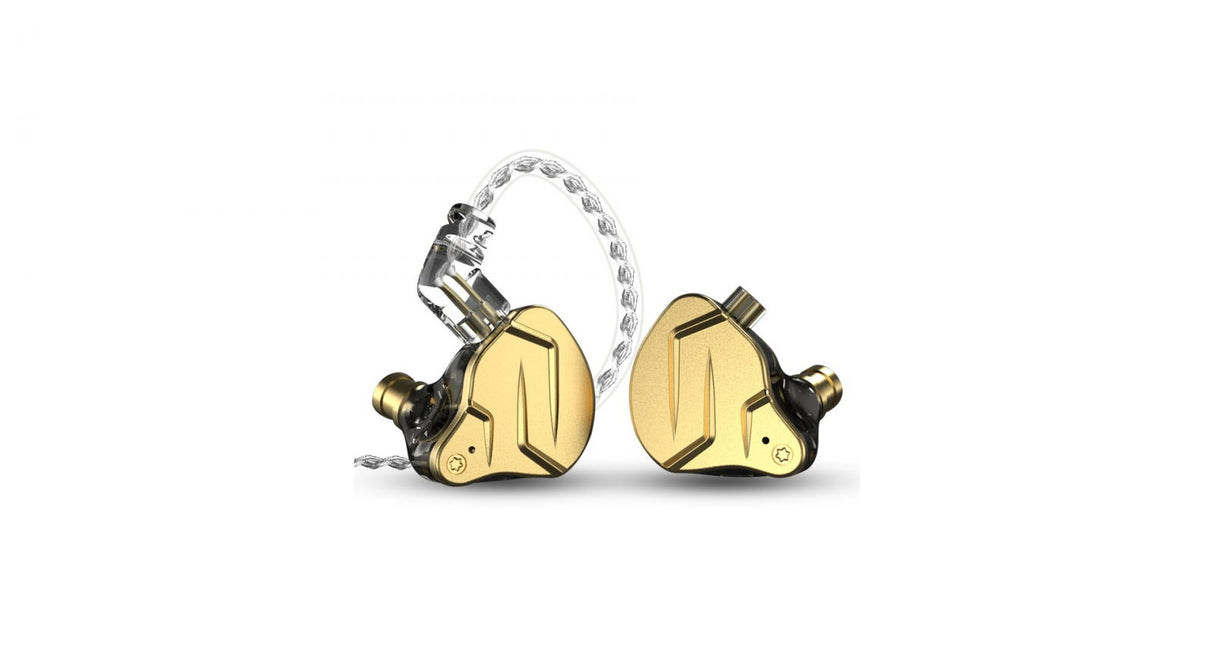 Pair of gold in-ear earbuds with clear braided cable and black connector caps