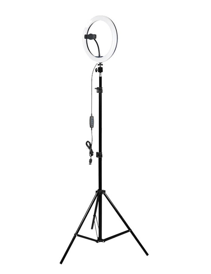 Lampa LED circulară pe stativ, inel alb și clemă pentru telefon