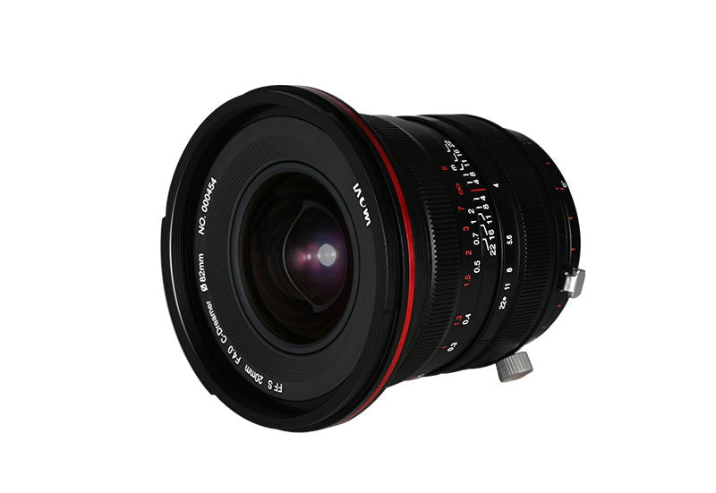 20mm f/4 zero-shift lens for Sony E, front-left view with red trim and aperture scale