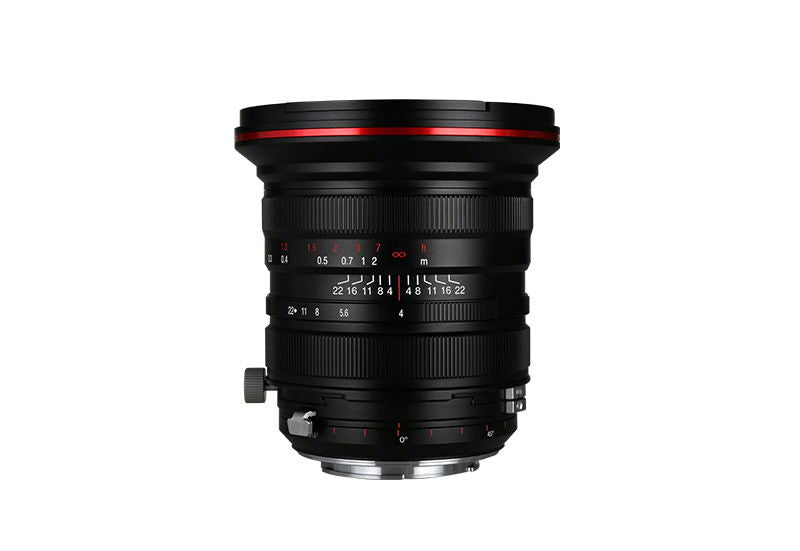 20mm f/4 zero-shift lens for Sony E, black with red top stripe and engraved scales