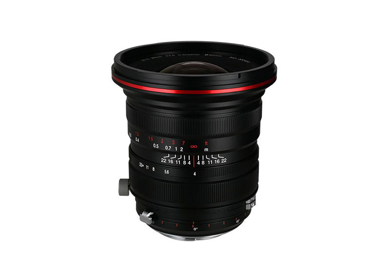 20mm f/4 zero-shift lens for Sony E, front view with glass element and red ring