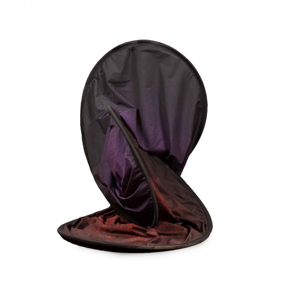 Folded portable backdrop panel, aubergine outer and crimson inner side