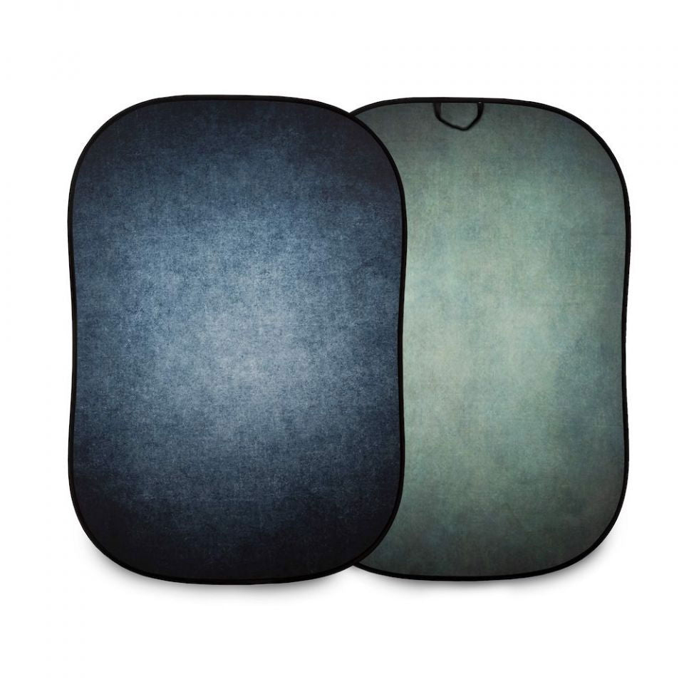 Two-sided portable photo backdrop, dark ink blue and sage green panels