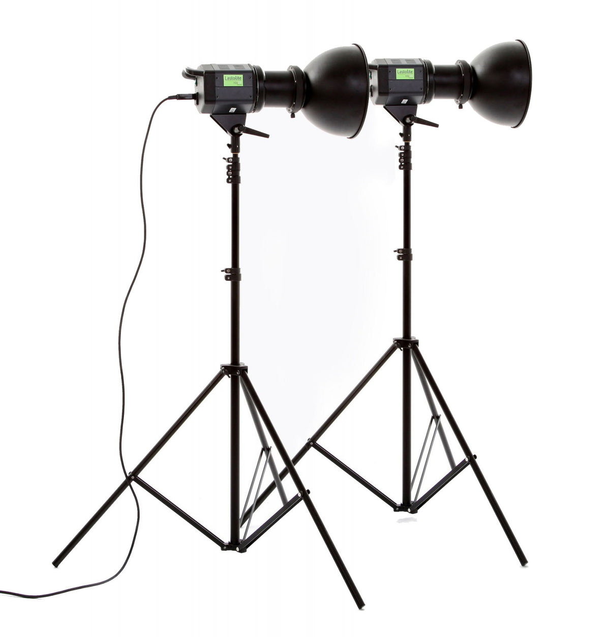 Continuous light kit with two black reflector heads on adjustable tripod stands