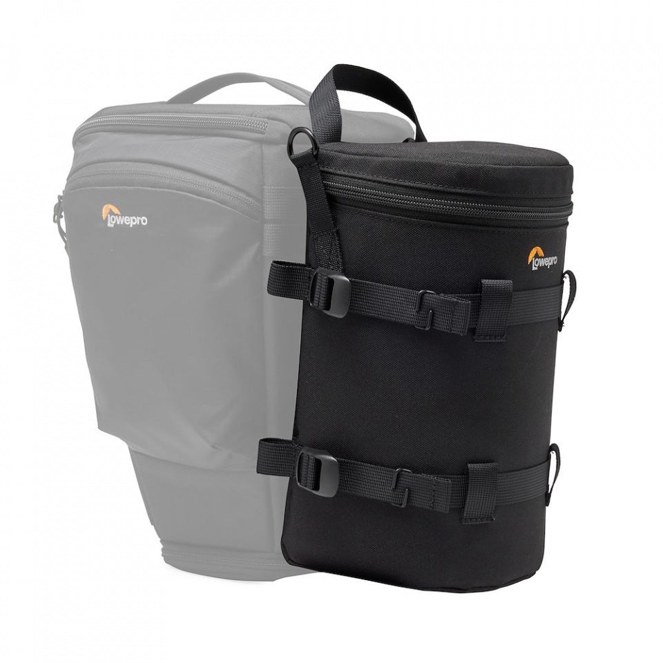 Geantă Lowepro pentru obiectiv, neagră, cu bretea și prinderi cu curele