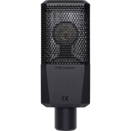 Black condenser microphone rear side labeled P48 Cardioid