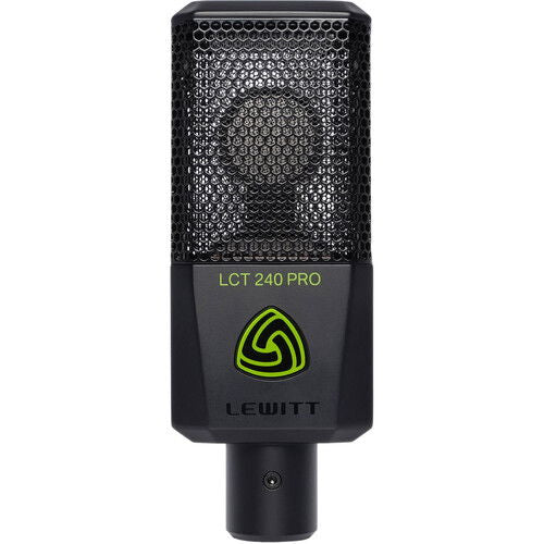 Black condenser microphone with grille front and front label