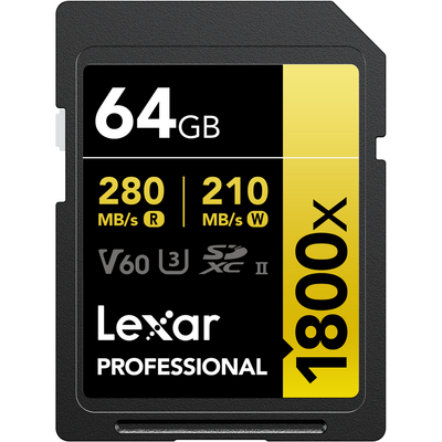 64GB SDXC UHS-II V60 memory card, 1800x label and speed ratings