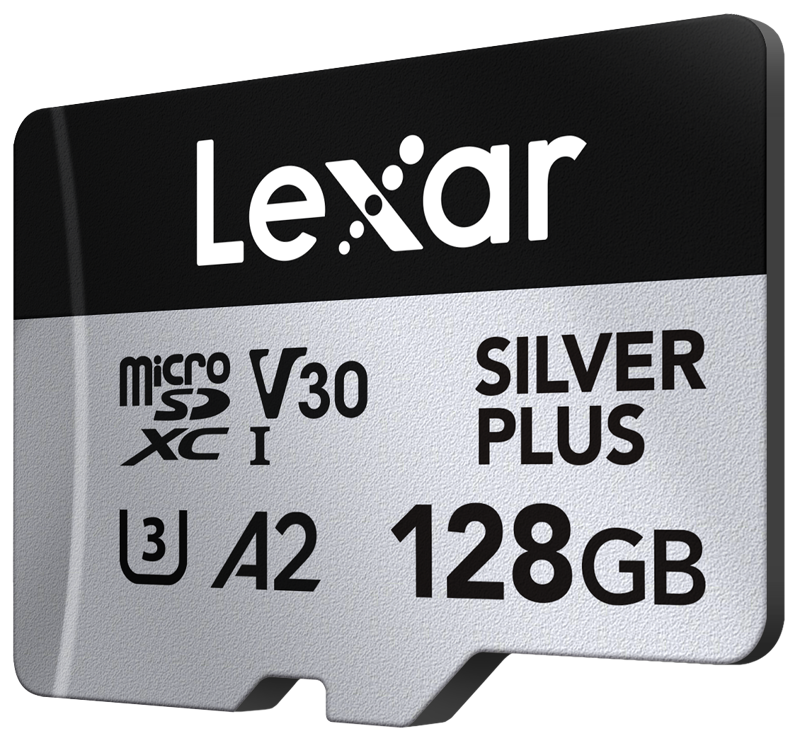 microSDXC Silver Plus, V30 U3 A2 128GB, front face with branding
