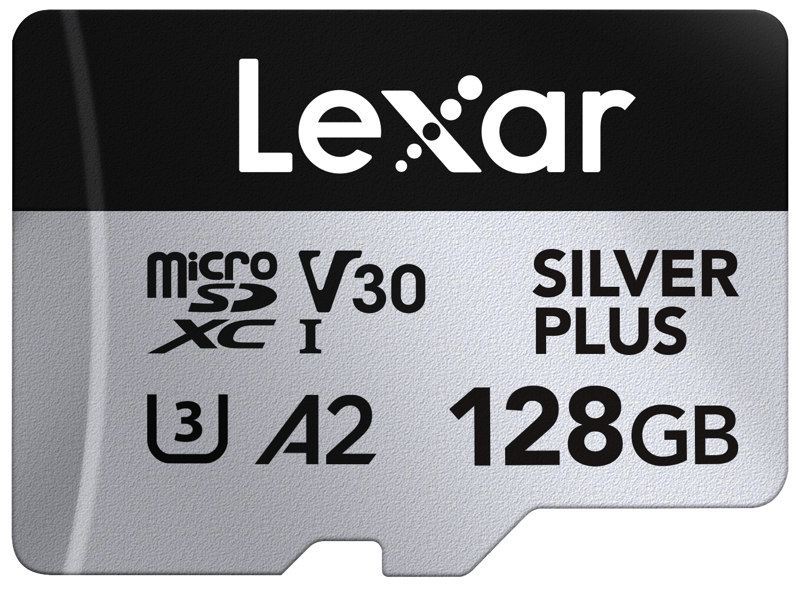 Silver microSDXC card, V30 U3 A2 128GB, microSD logo