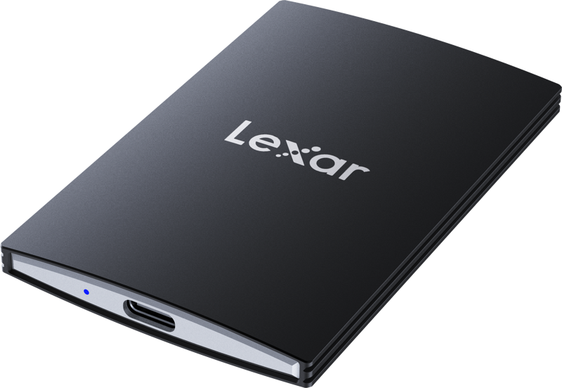 Black portable SSD with USB-C port and small status light on silver edge