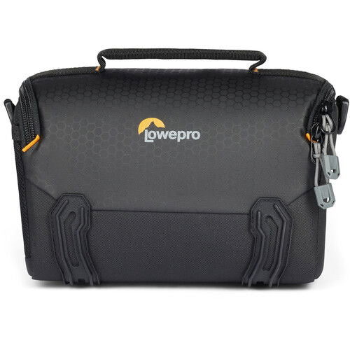 Black camera shoulder bag with top handle, front logo, and padded side supports