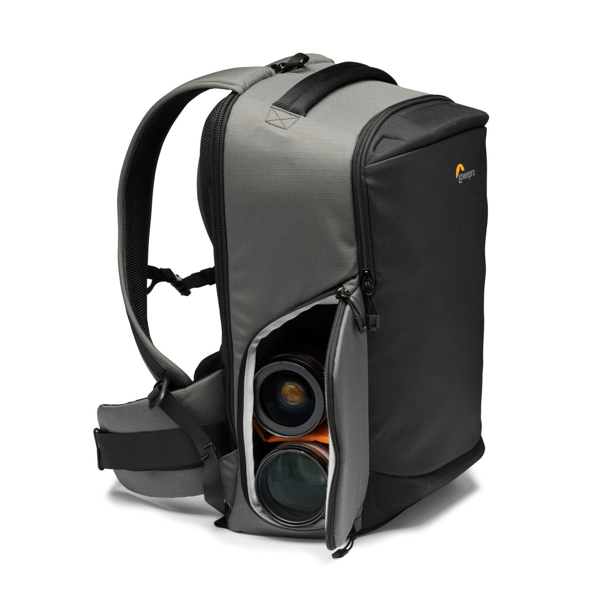 Gray camera backpack side view with open compartments holding two camera lenses