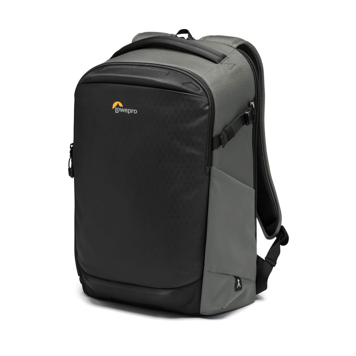 Gray camera backpack with front zip pocket and padded top handle