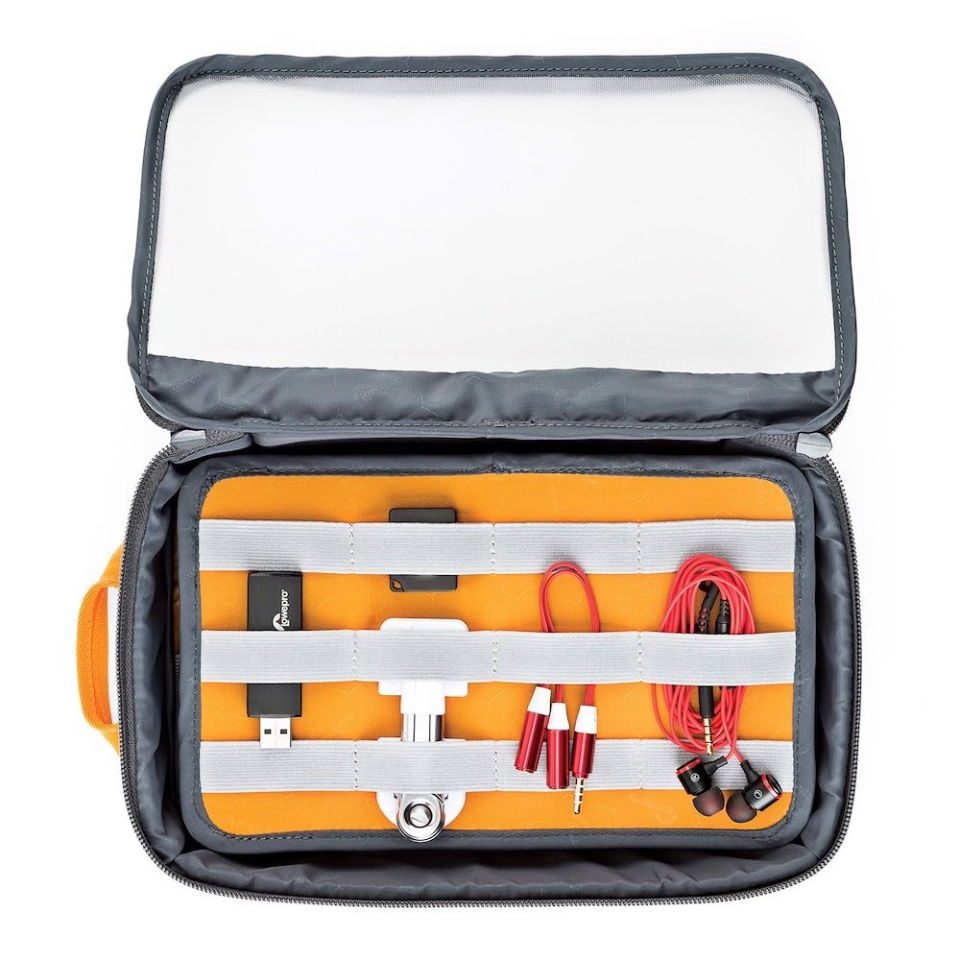 GearUp L cable organizer opened: orange lining with elastic slots and cable compartments