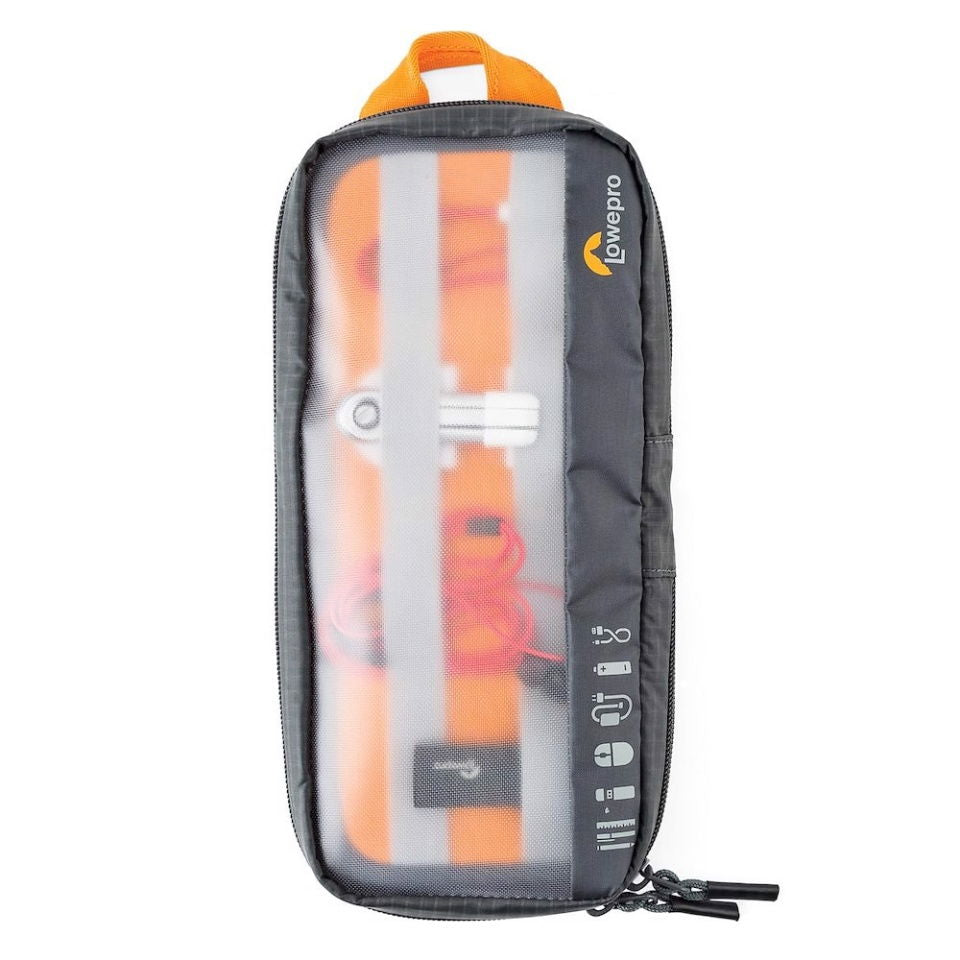 Organizator cabluri Lowepro, husă cu buzunar și fermoar, negru cu portocaliu