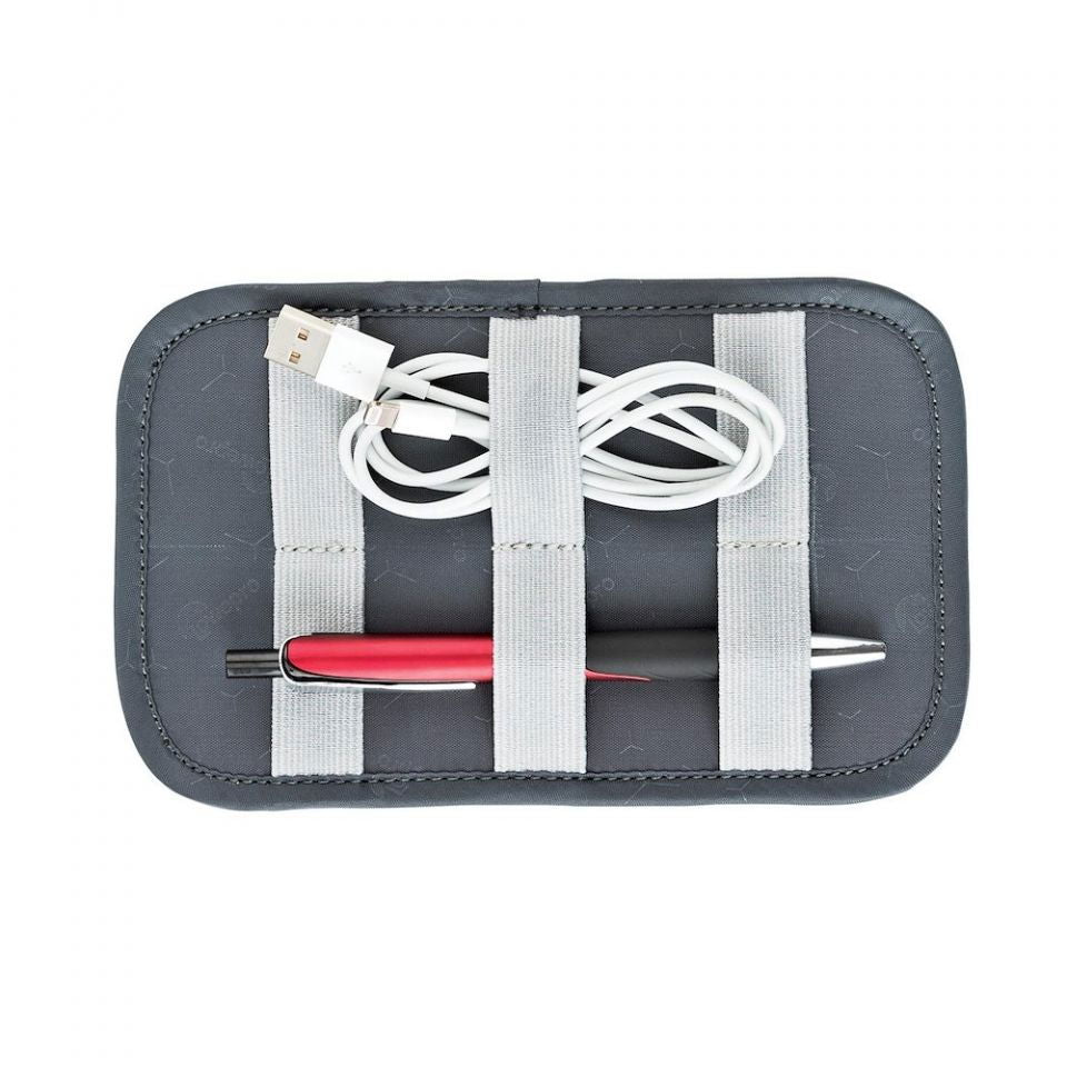 GearUp S pouch with white cables and a red USB plug secured by elastic straps