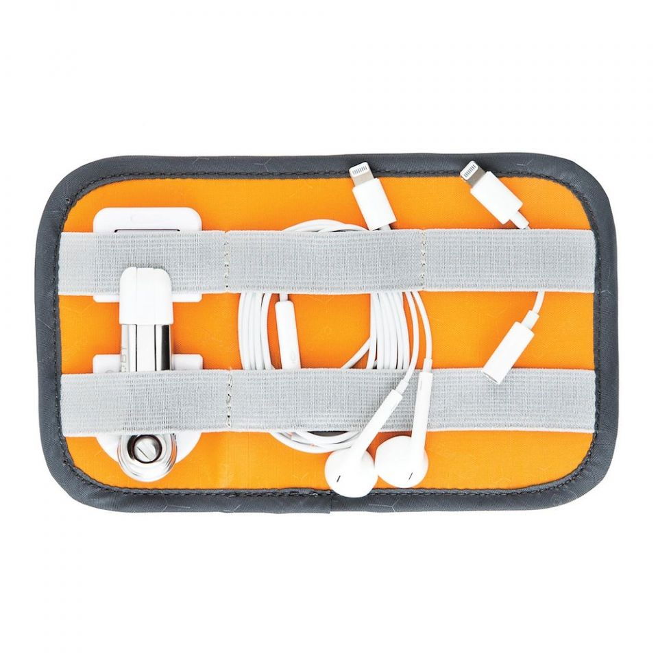 GearUp S cable organizer pouch interior with orange lining and white connectors