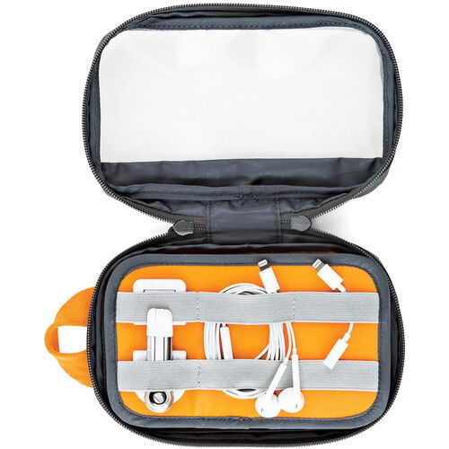 Organizator cabluri Lowepro GearUp S deschis, compartimente gri și căptușeală portocalie