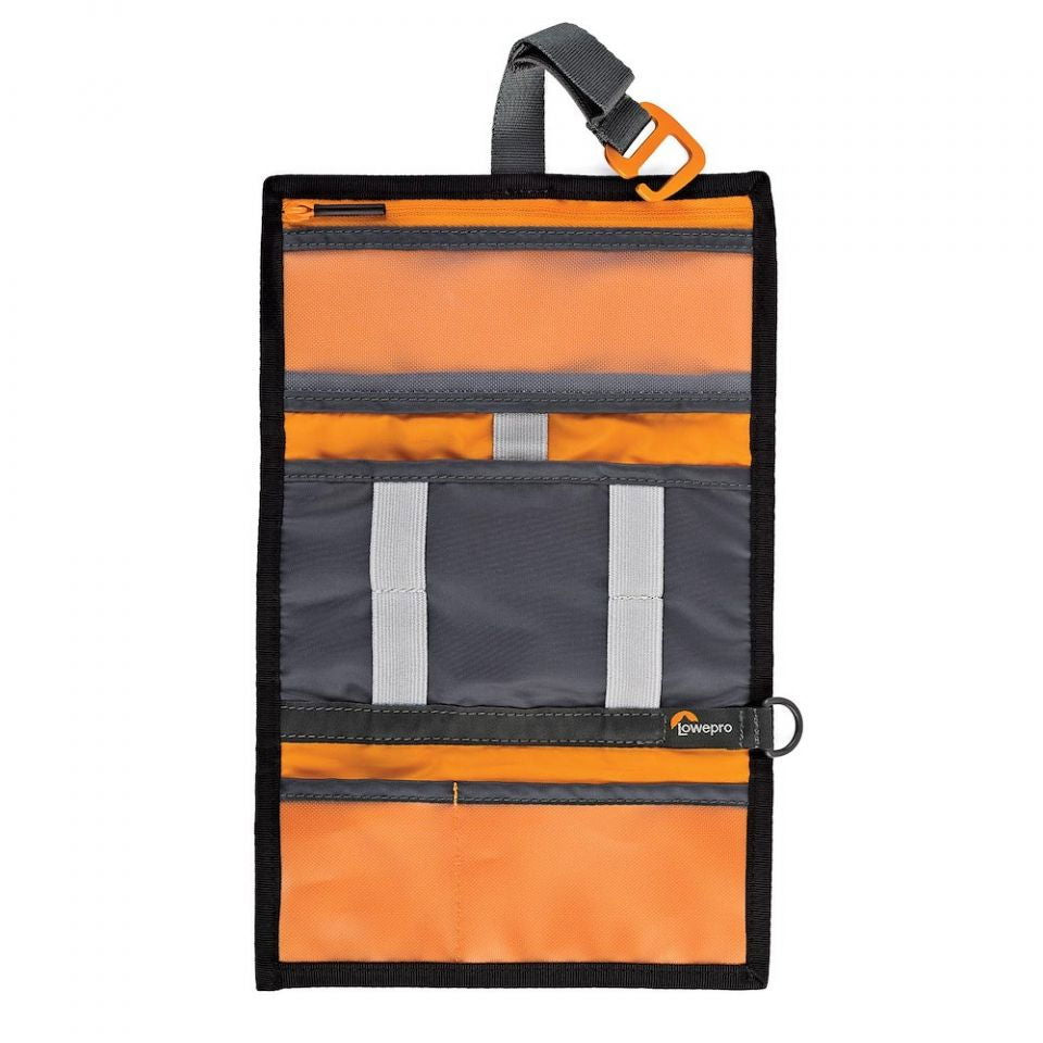 Organizator cabluri Lowepro, negru cu panouri portocalii și bretele elastice