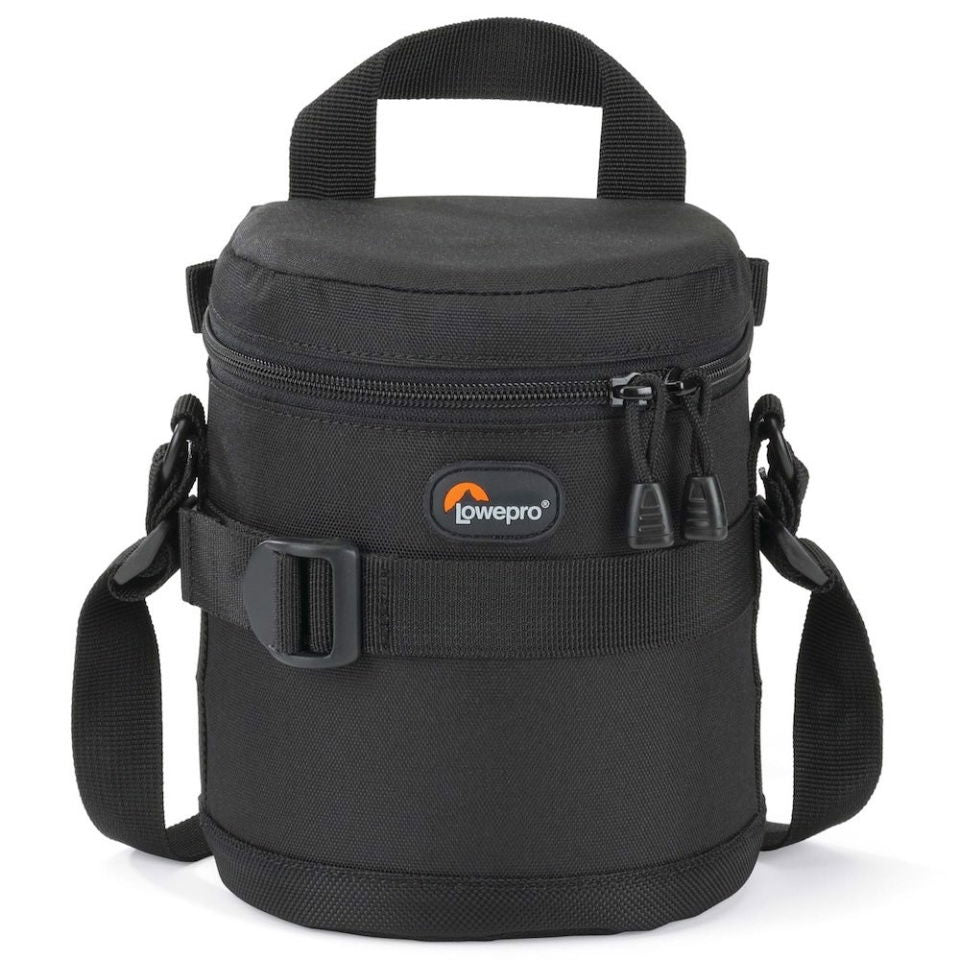 Black camera lens case with front logo patch, strap loops, and front zip pocket