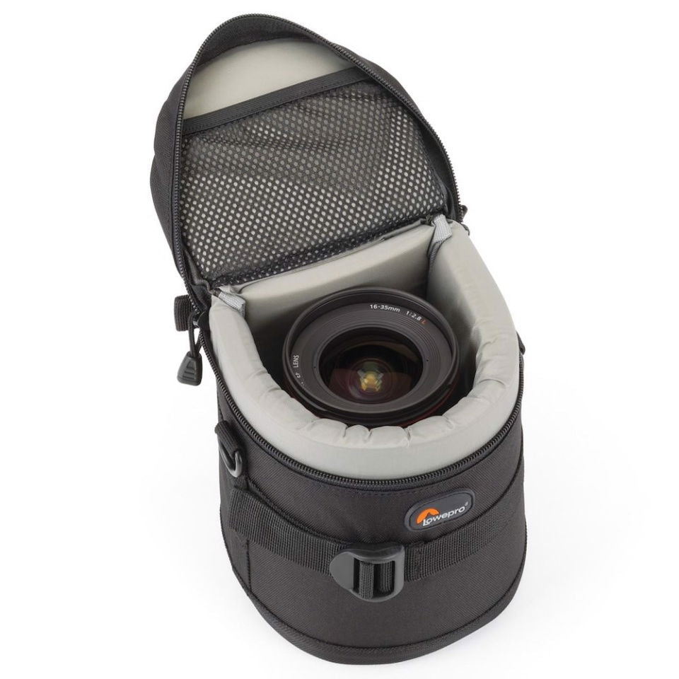 Open black lens pouch with padded interior and elastic bands, zippered top opening