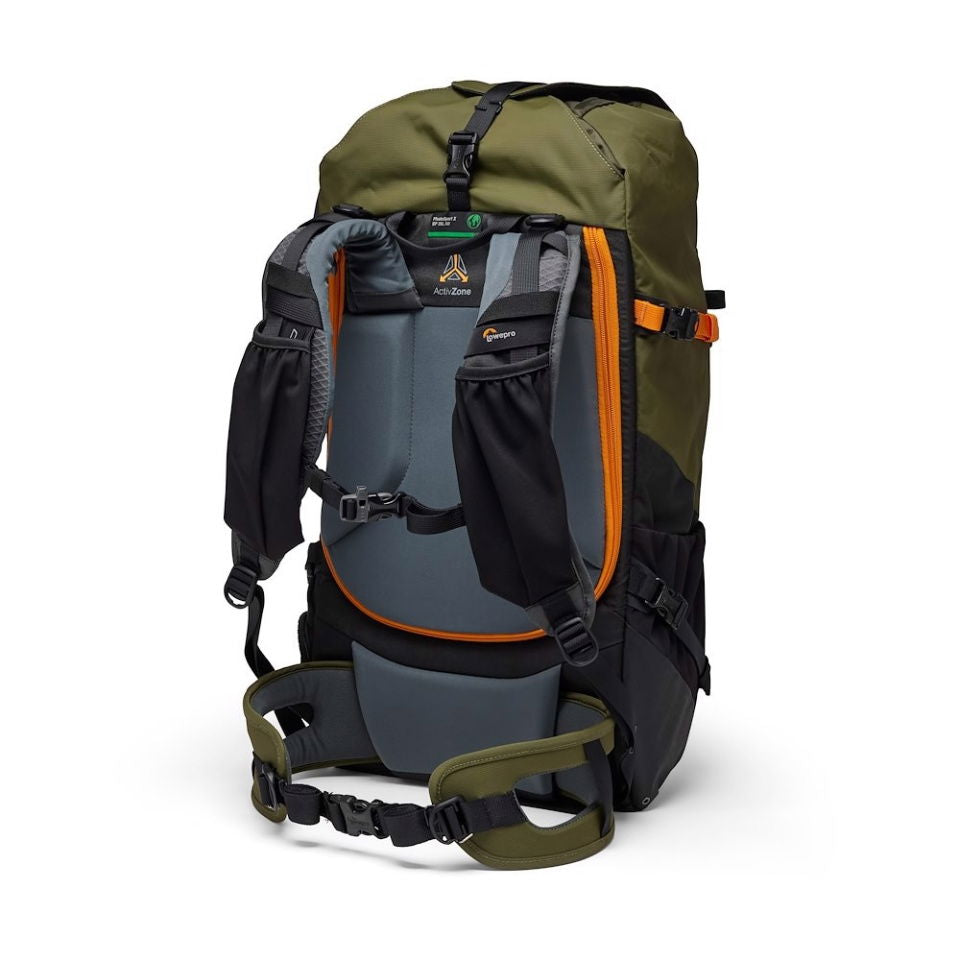 Olive and black camera backpack with blue-gray lower pockets and padded support straps