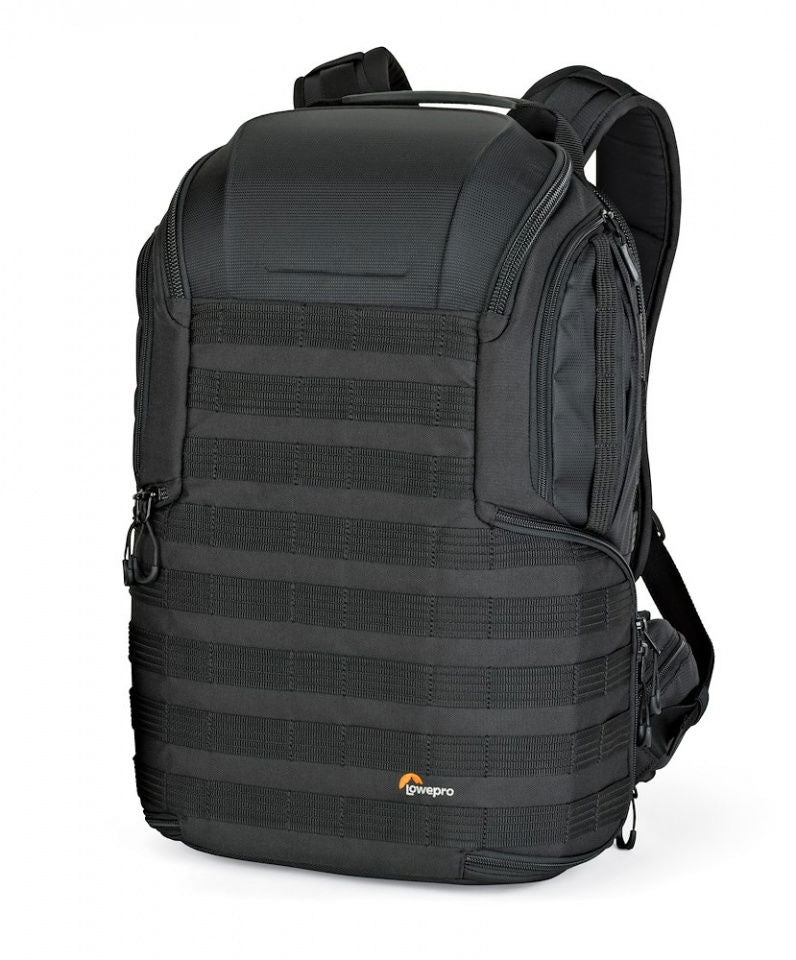 Photo backpack in dark gray with padded top handle and front zip organizer panels