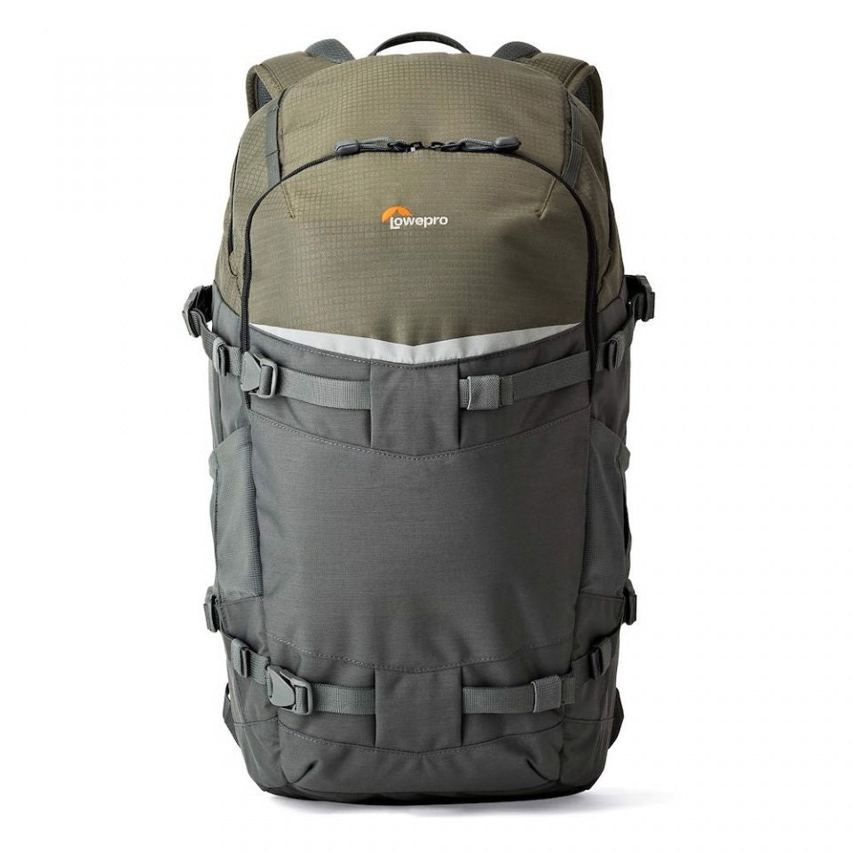 Olive and gray photo backpack, front panel with straps and buckles