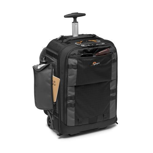 Black wheeled camera backpack, front view with top organizer and side pocket
