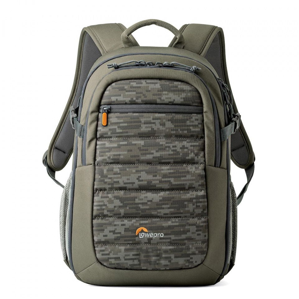 Tahoe BP 150 photo backpack, green camo front panel and adjustable shoulder straps