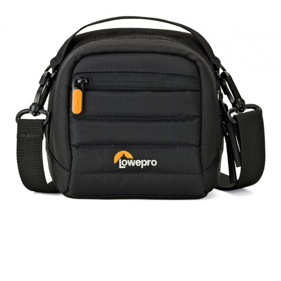 Black compact camera bag with front zipper pocket, orange pull tab, and shoulder strap