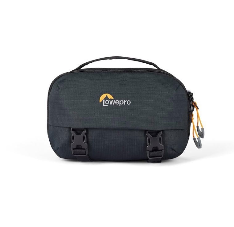 Camera sling bag, dark gray/black front flap with buckle straps and top handle