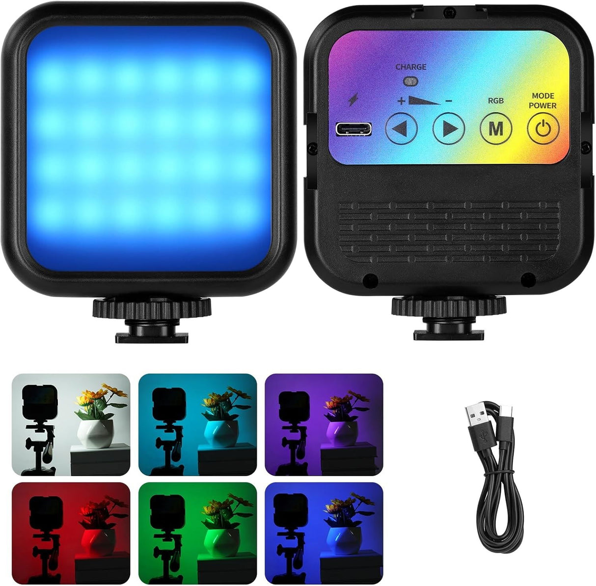 Lampă LED pătrată RGB cu panou luminos și control, carcasă neagră.