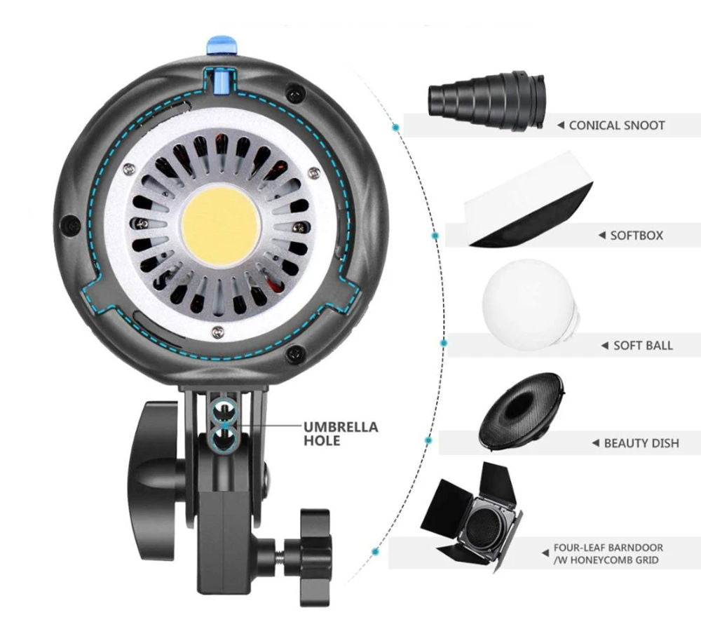 LED spotlight head with modifiers: softbox, conical snoot, soft ball, beauty dish, barn doors