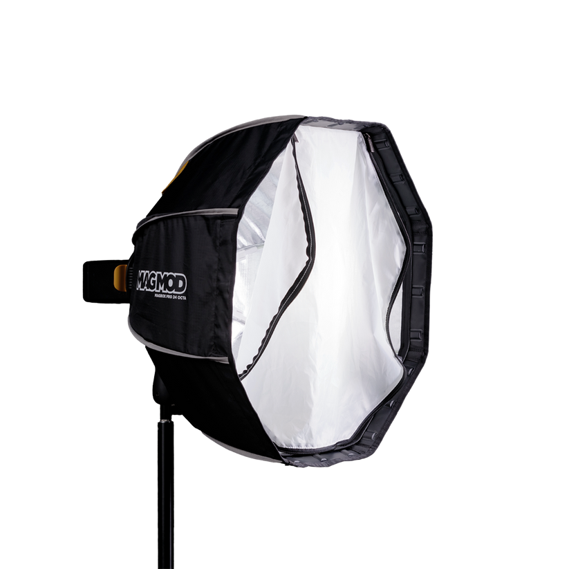Octa softbox light modifier with black fabric and white interior, segmented front